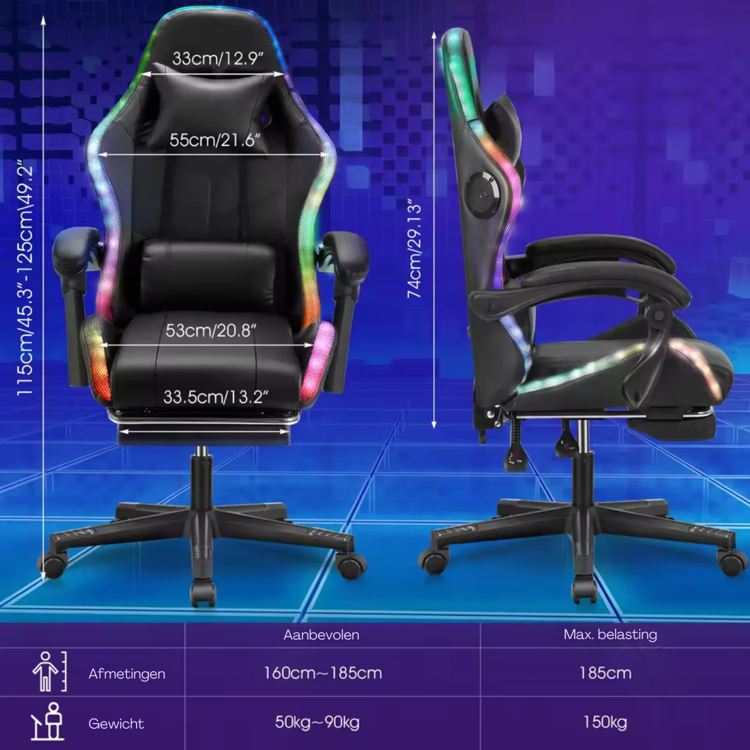 Civora - Ergonomische RGB Gamingstoel met LED Verlichting, Bluetooth Sprekers en Verstelbare Hoogte - Image 6
