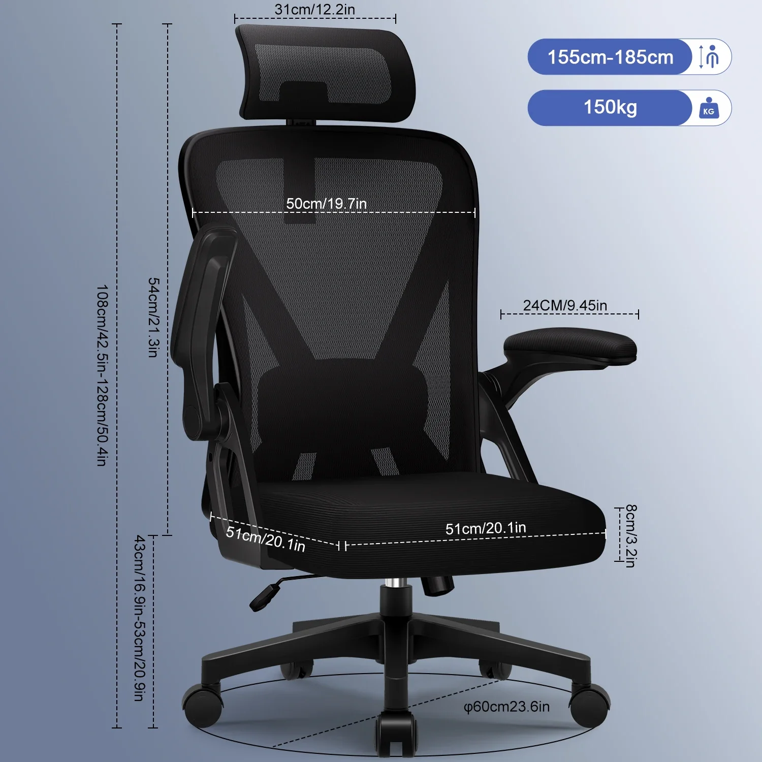 Cymara - Ergonomische Bureaustoel met Inklapbare Armleuningen, Verstelbare Rug en Hoofdsteun - Image 6
