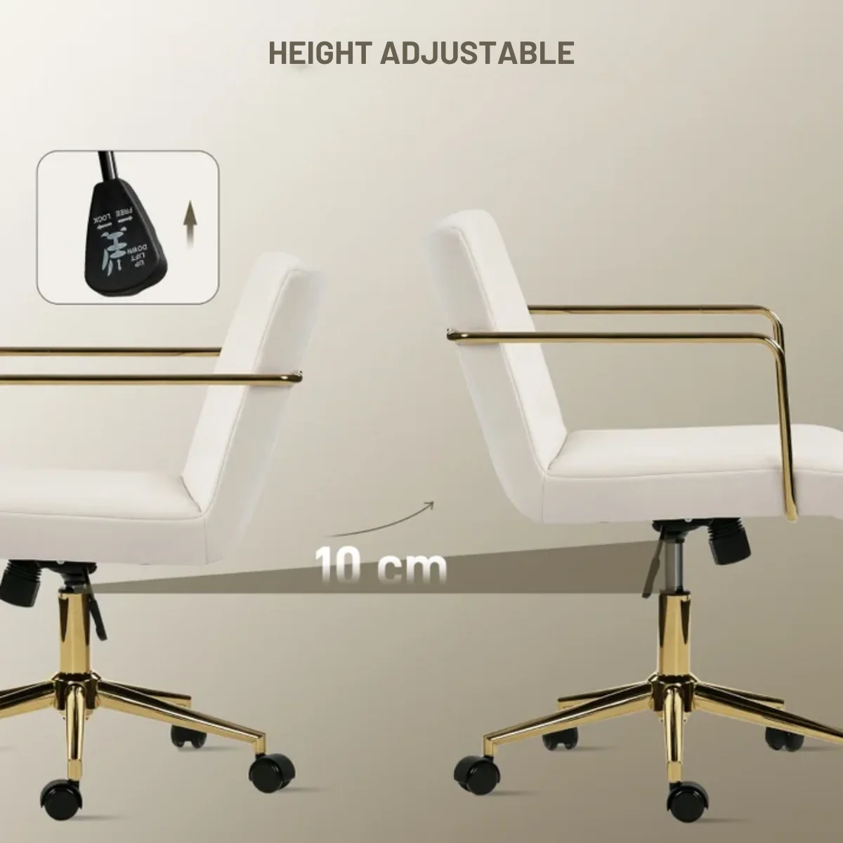 Eirene - Crèmekleurige Bureaustoel op Wieltjes met Fluwelen Bekleding en Gouden Accenten - Image 6