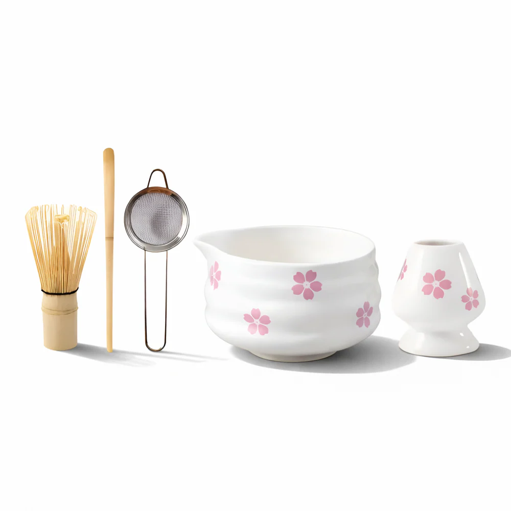Hanamori – Witte Florale Matcha Set 5 Delig met Schenkkom en Bamboe Klopper