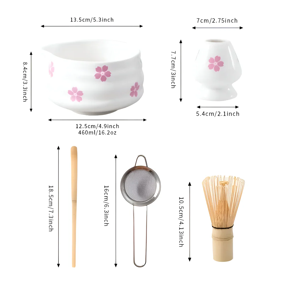 Hanamori – Witte Florale Matcha Set 5 Delig met Schenkkom en Bamboe Klopper - Image 10