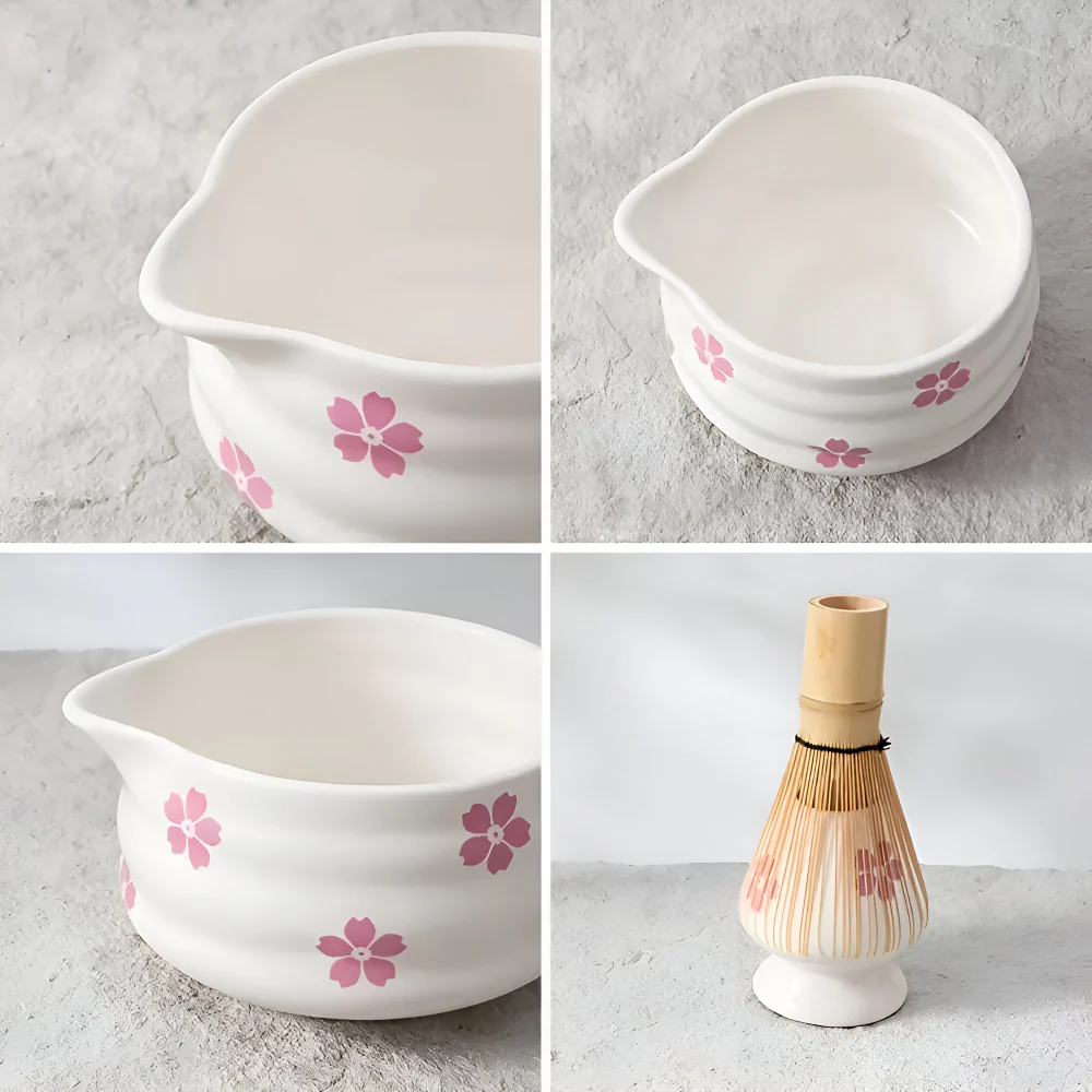 Hanamori – Witte Florale Matcha Set 5 Delig met Schenkkom en Bamboe Klopper - Image 7