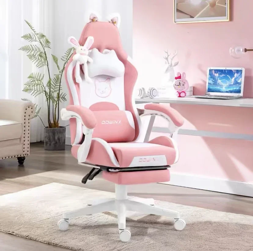 Mewora - Roze Gamingstoel met Kattenoren en Lendenkussen in Pootvorm
