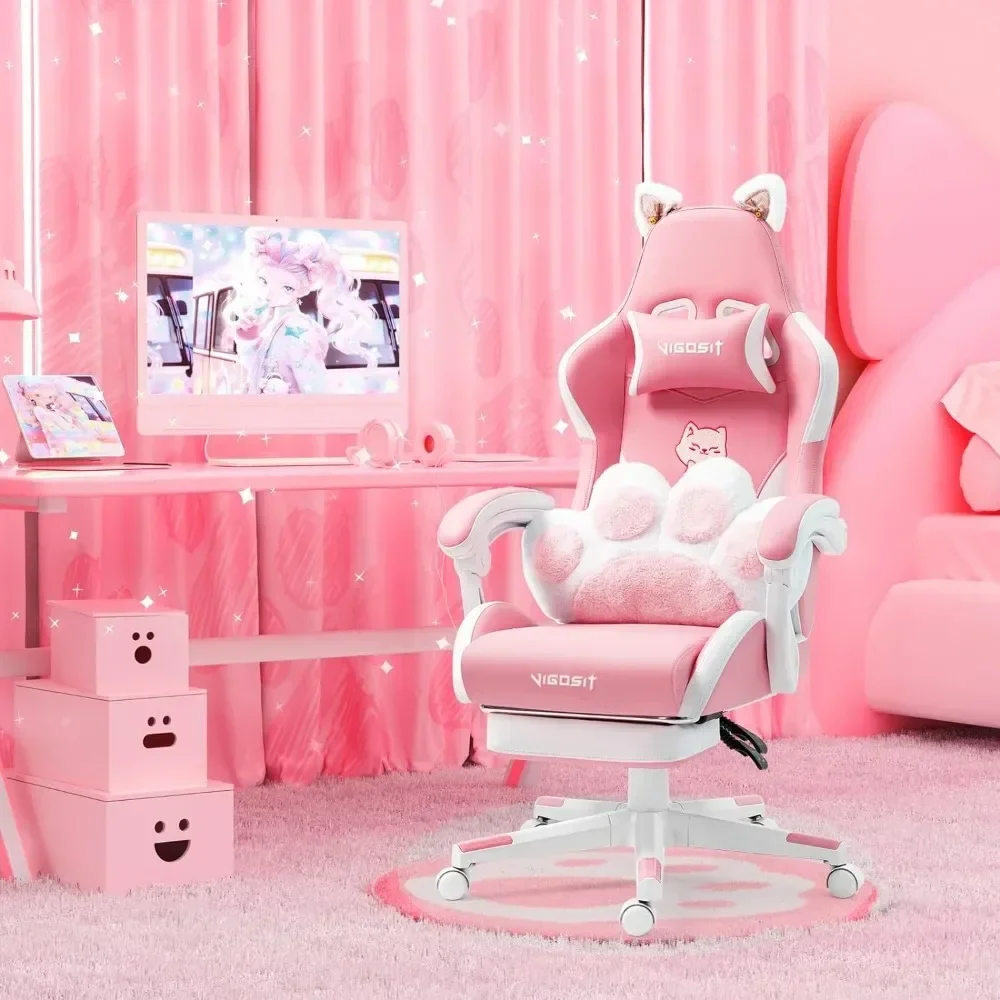 Mewora - Roze Gamingstoel met Kattenoren en Lendenkussen in Pootvorm - Image 6