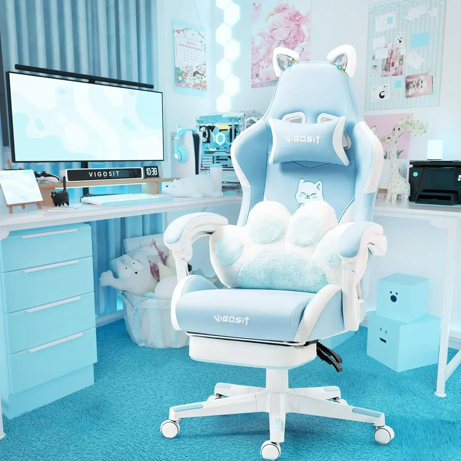 Mewora - Roze Gamingstoel met Kattenoren en Lendenkussen in Pootvorm - Image 7