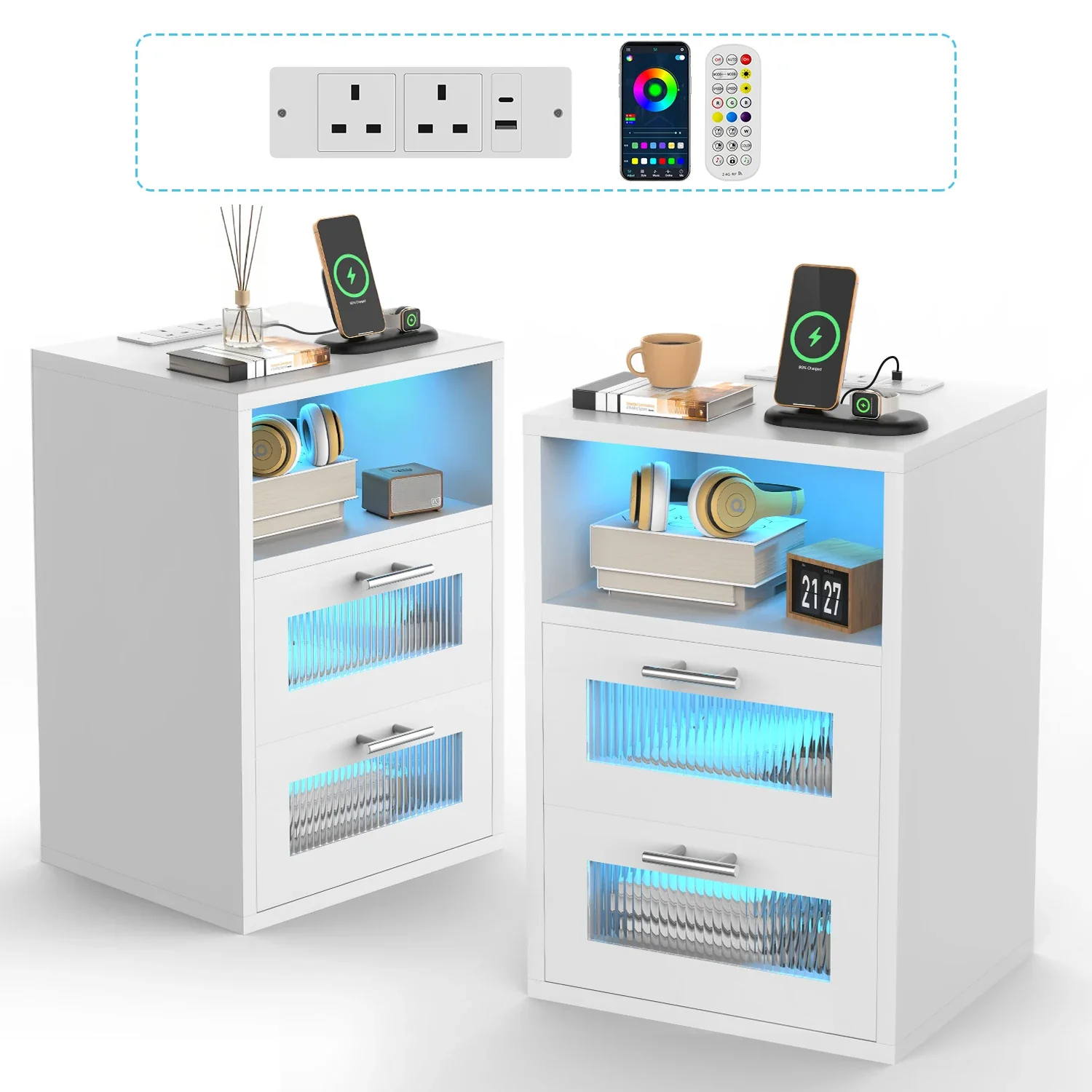 Noctura - Nachtkast met 2 lades en LED-verlichting zwart of wit - Image 3