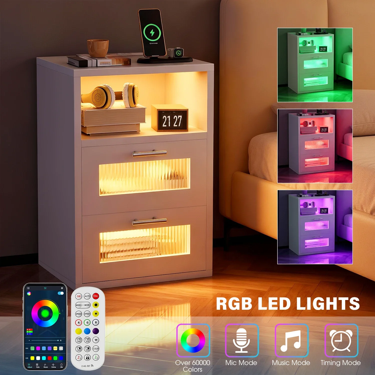 Noctura - Nachtkast met 2 lades en LED-verlichting zwart of wit - Image 4