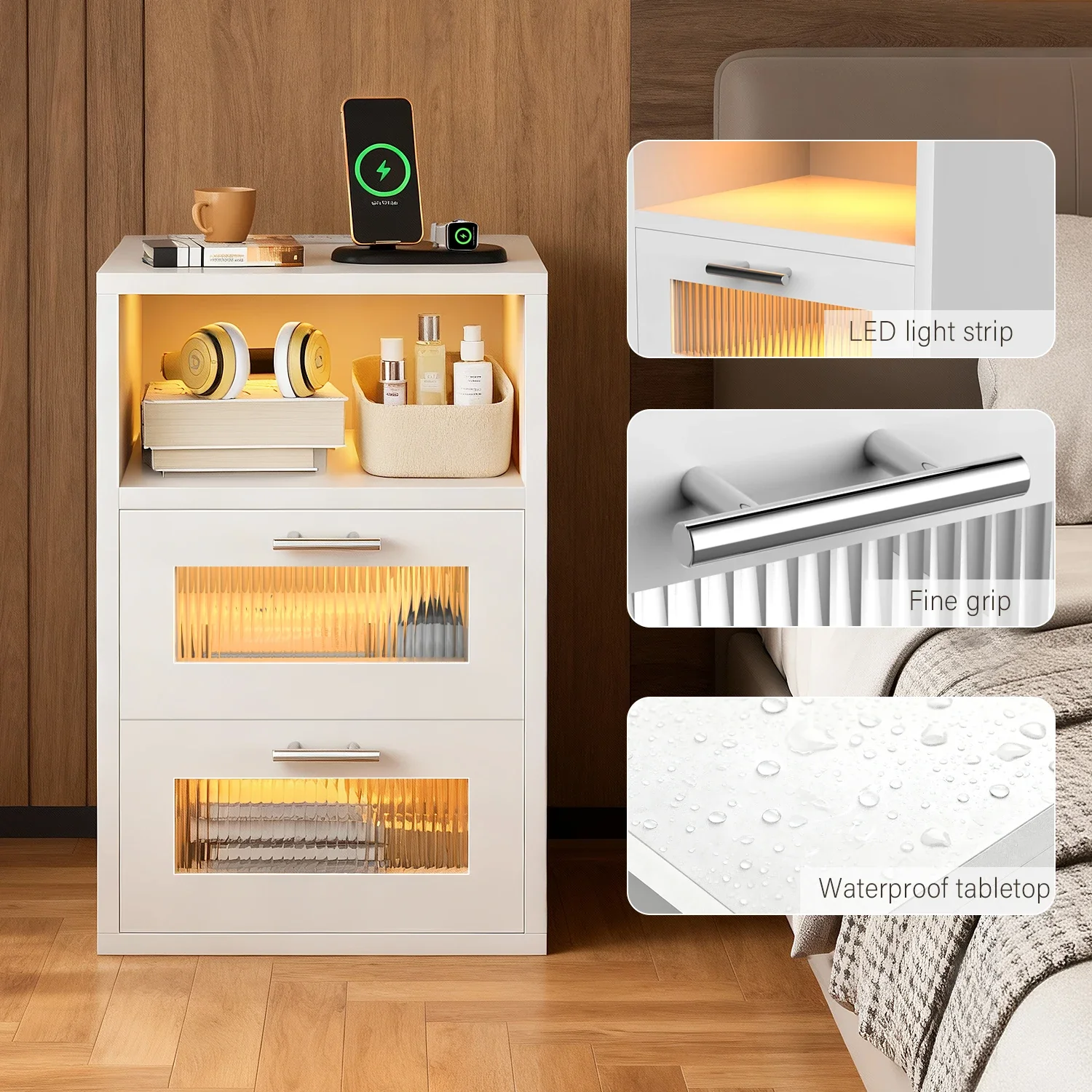 Noctura - Nachtkast met 2 lades en LED-verlichting zwart of wit - Image 7