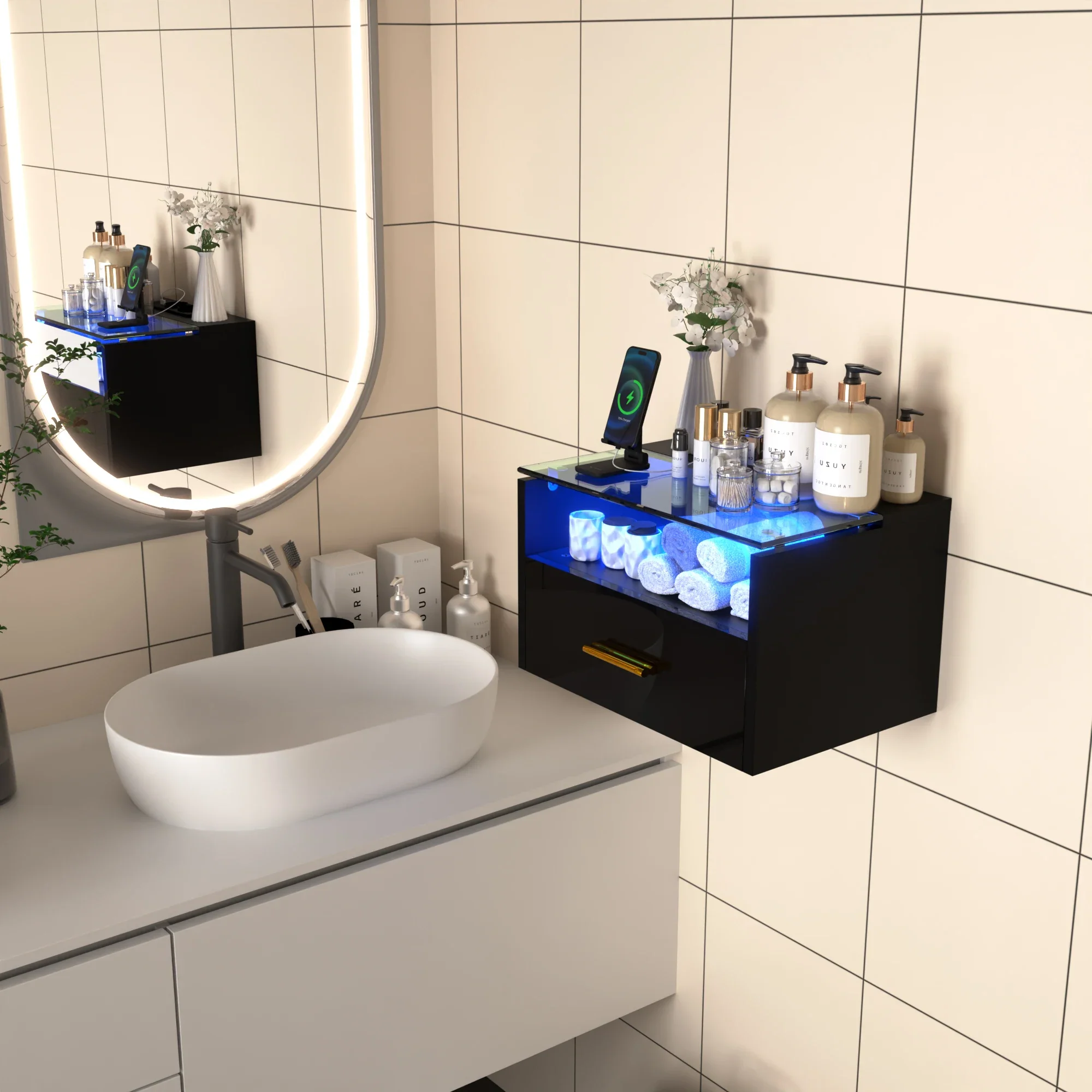 Norvane – Houten Nachtkastje met Glazen Bovenblad en LED - Image 7
