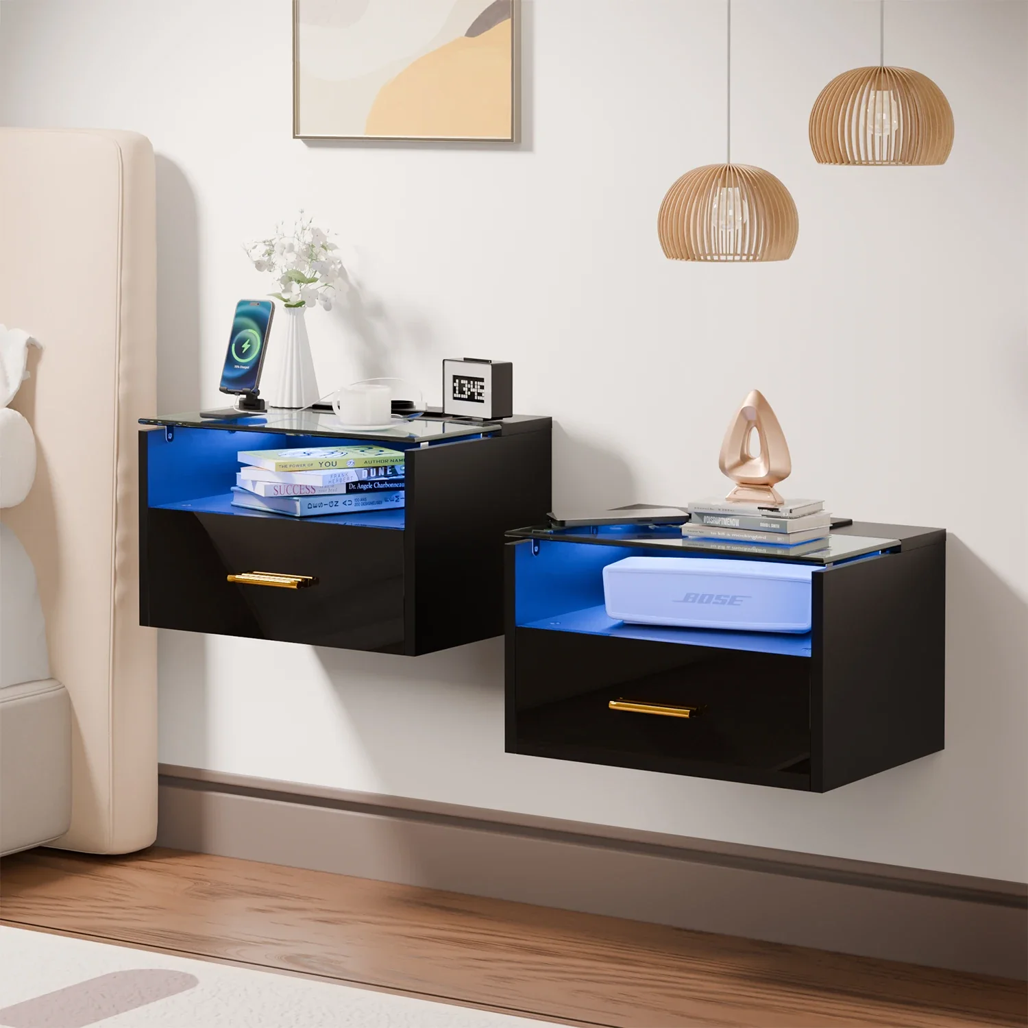 Norvane – Houten Nachtkastje met Glazen Bovenblad en LED - Image 8