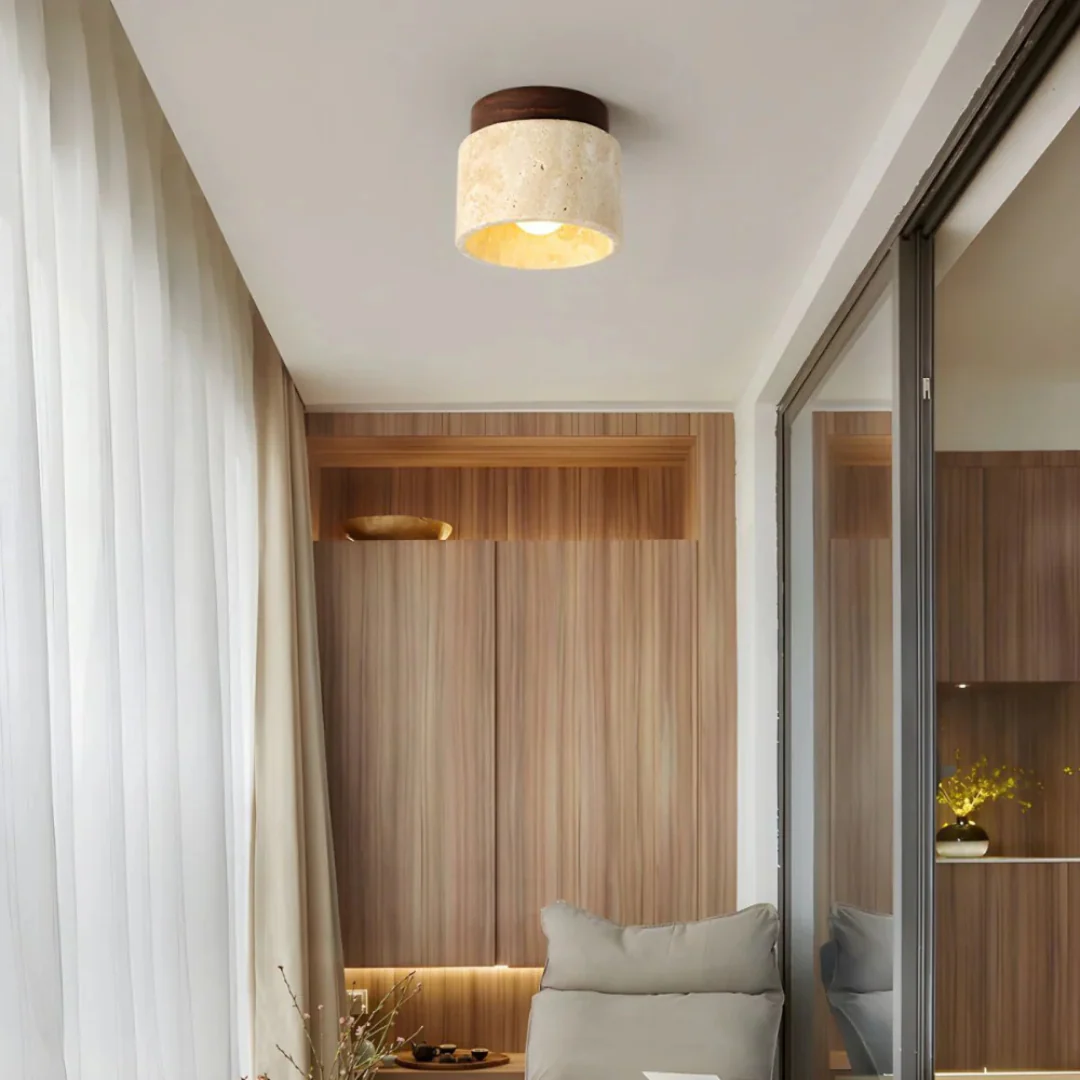 Radia - Cilindervormige Travertin Plafondlamp met Houten Accent - Image 3