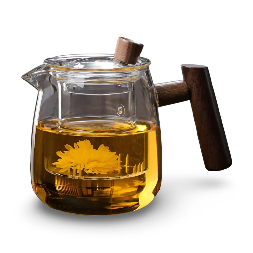 Rovienne – Rookgrijze Glazen Theepot 600ml met Houten Handgreep - Image 3