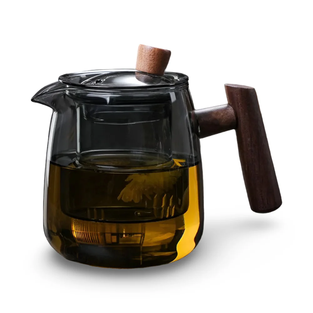 Rovienne – Rookgrijze Glazen Theepot 600ml met Houten Handgreep - Image 4