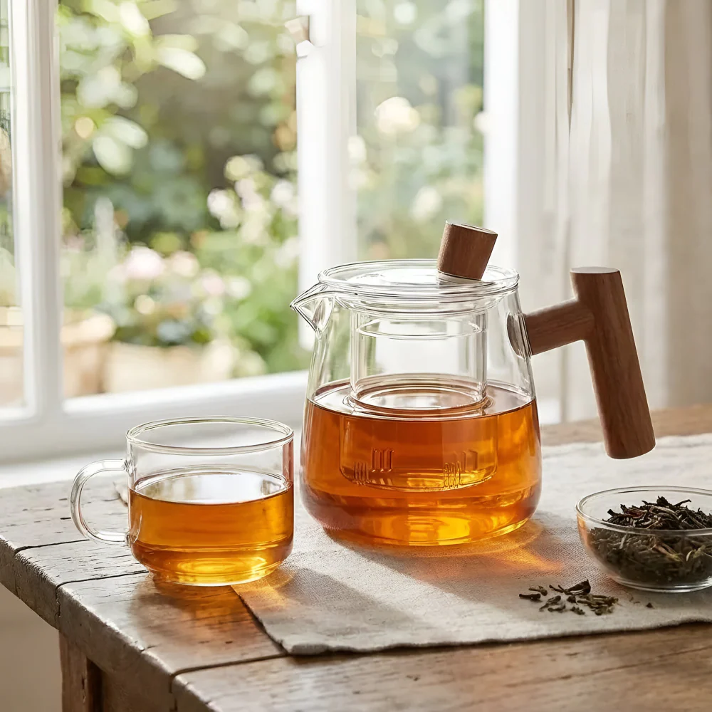 Rovienne – Rookgrijze Glazen Theepot 600ml met Houten Handgreep - Image 5