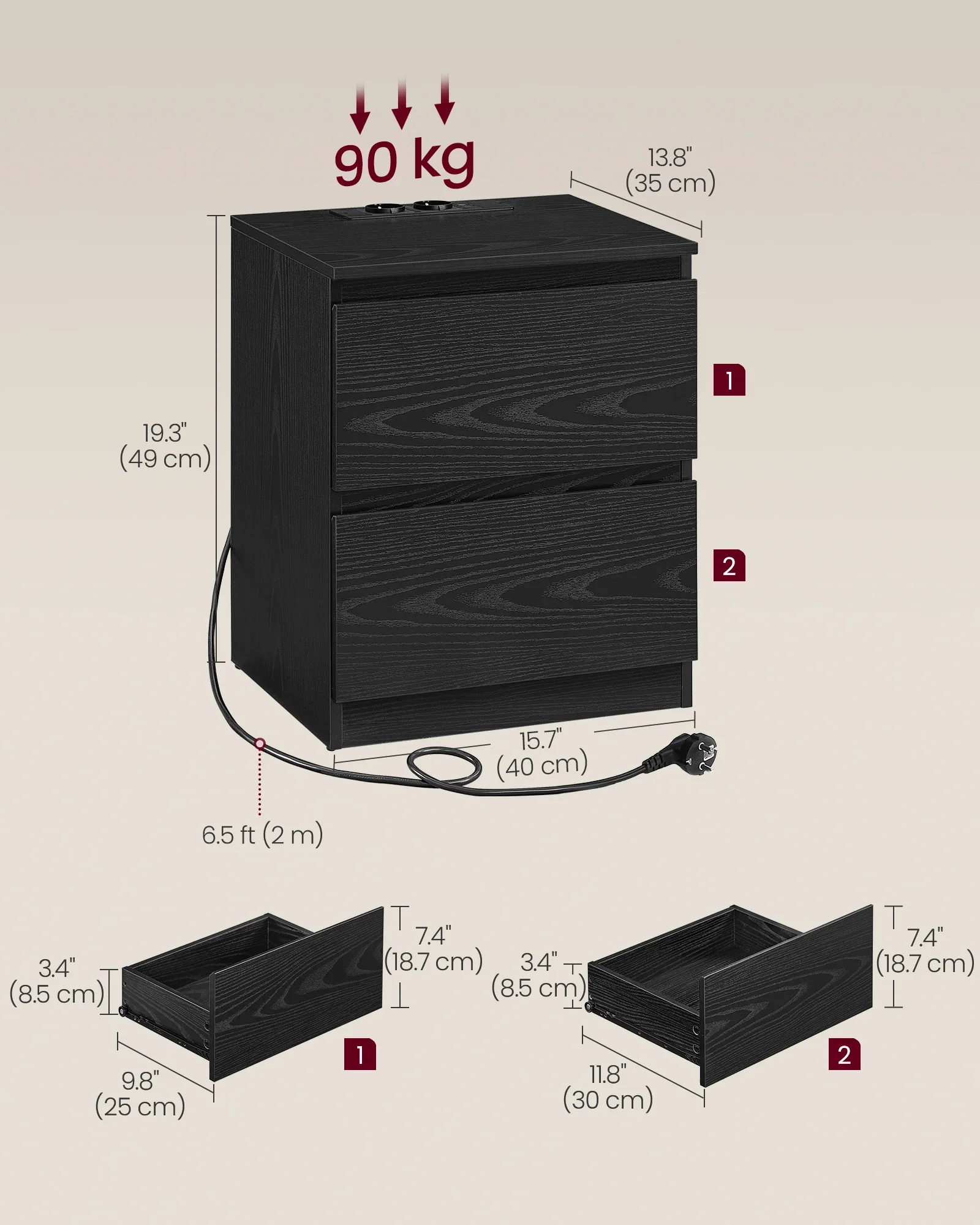 Sereva - Nachtkastjesset met Stopcontacten en USB-poort 2-Delig - Image 6