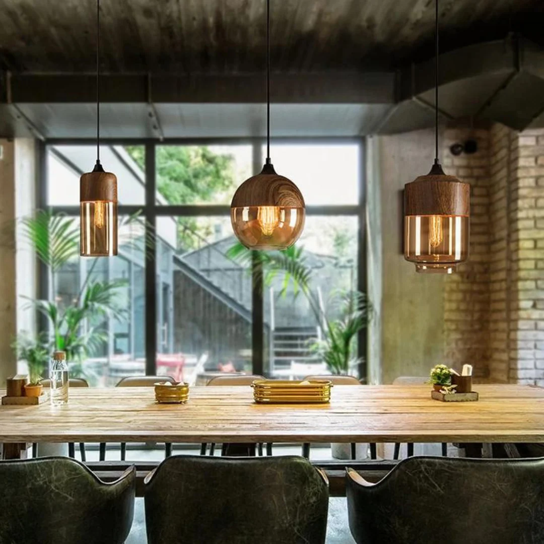 Viresta - Scandinavische Hanglamp van Hout en Getint Glas - Image 7