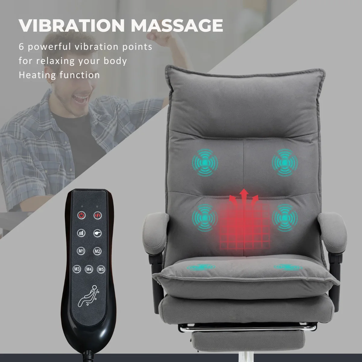 Zenon - Bureaustoel met Massagefunctie Verwarming Kantelbare Rugleuning en Voetsteun Grijs - Image 6